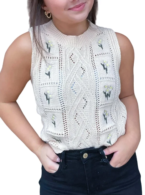 Discounted SweatersFlower Embroidered Sleeveless Sweater In Ivory