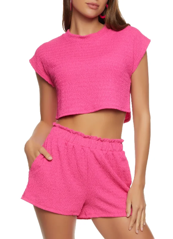 women's tops with bell sleevesTextured Knit Cap Sleeve Crop Top