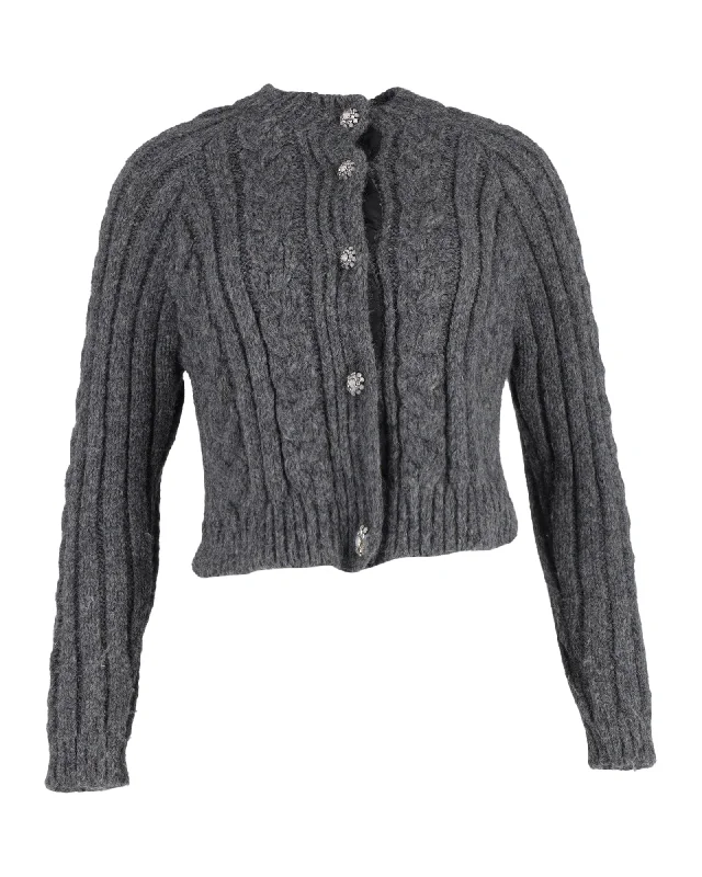 Chunky Designer Men's SweatersGanni Cable-Knit Crystal-Buttoned Cardigan in Grey Alpaca Blend