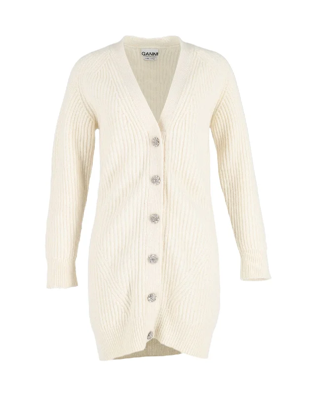 Thick SweatersGanni Rib-Knit Long Cardigan in Cream Wool