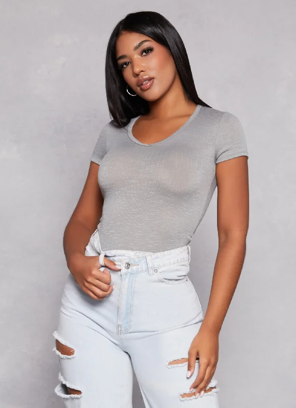 women's tops for those who want to add a touch of elegance and sophistication to their everyday wearBasic Ribbed V Neck Short Sleeve Top