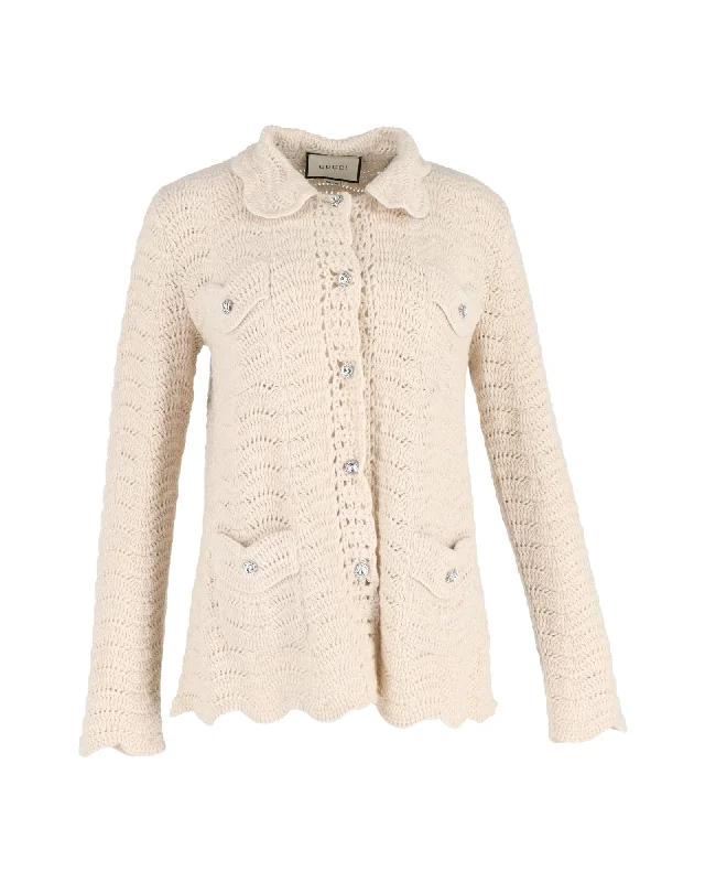 Extra-Large Knitted Crewneck SweatersGucci Crystal-Button Crochet Cardigan In Cream Wool