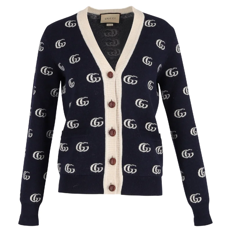 Quick-Dry Wool SweatersGucci Double G Cardigan In Blue Jacquard Wool