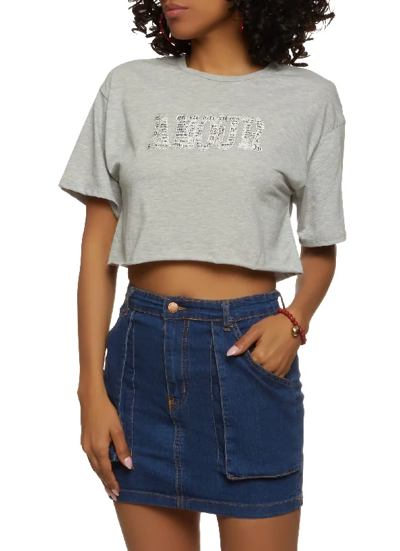 women's tops with built-in brasAmour Rhinestone Cropped Graphic Patch Tee