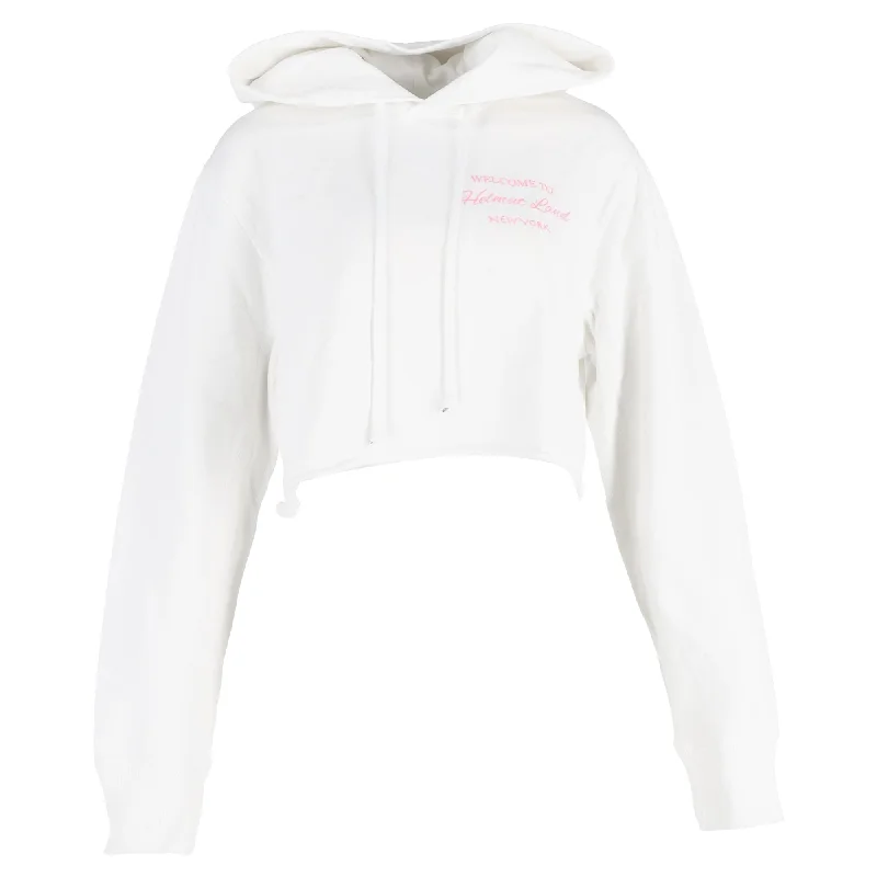 Stylish SweatersHelmut Lang Cropped Slogan Embroidered Hoodie In White Cotton