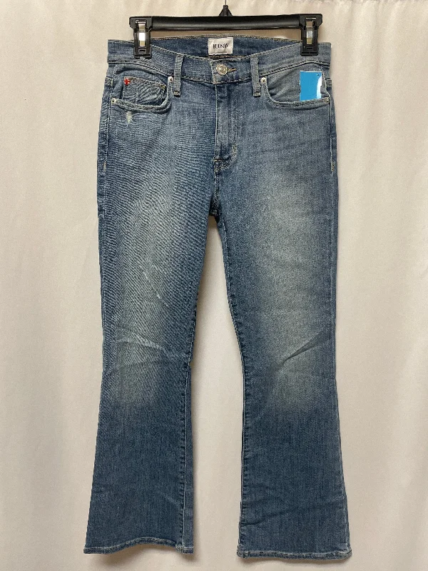 women's denim jeans with leather patchesJeans Boot Cut By Hudson In Blue Denim, Size: 4