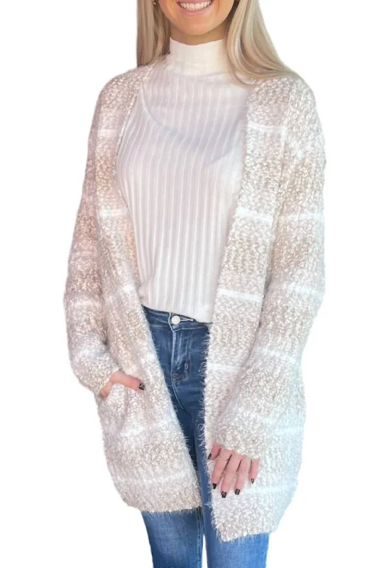 Fitted Cashmere SweatersLong Striped Eyelash Knit Cardigan In Beige