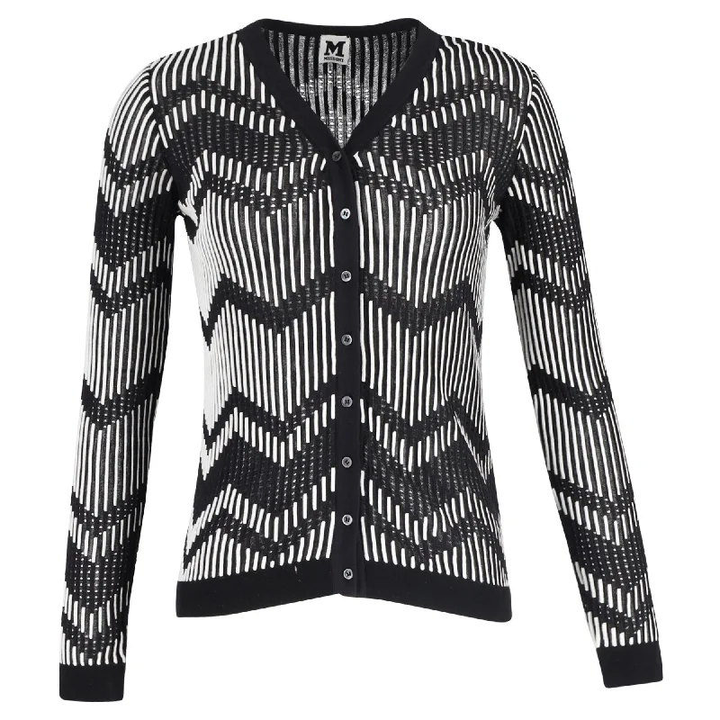 Plus-Size Quick-Dry Soft Knitted SweatersM Missoni Monochrome Patterned Perforated Knit Button Front Cardigan in Black and White Cotton