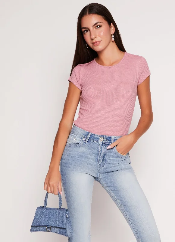 elegant women's topsBasic Ribbed Crew Neck Tee