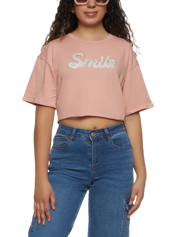 women's tops for those who want to add a pop of color to their outfitsSmile Rhinestone Cropped Graphic Tee