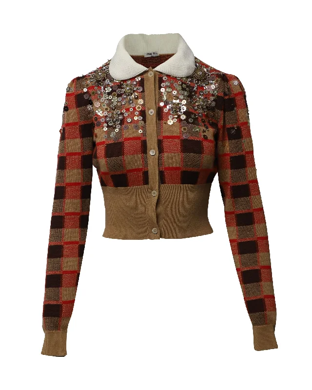 Elegant Hooded Cashmere SweatersMiu Miu Embellished Tartan Knit Cardigan in Multicolor Wool