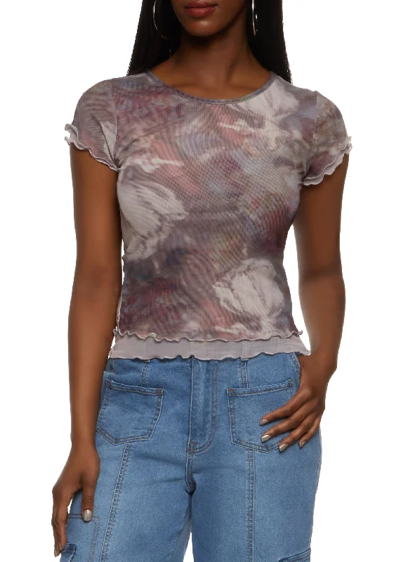 women's tops for picnics in the parkDouble Layer Printed Mesh Lettuce Hem Tee