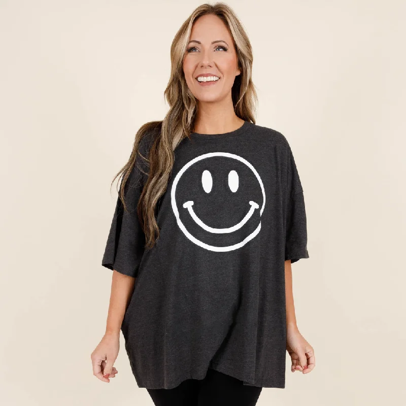 women's tops for mixing and matching with different bottomsRemember To Smile Boyfriend Tee, Charcoal