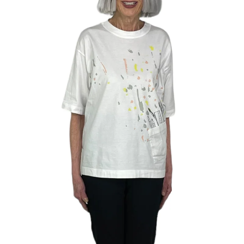 women's tops with embroidery detailsLAZY PRINT S/S TEE W/POCKET