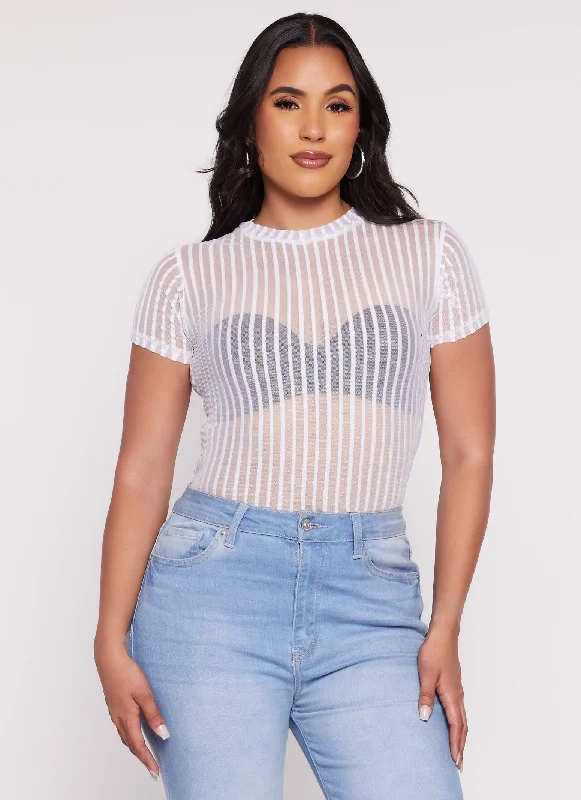 women's tops for those who want to create outfits that are both unique and memorableMesh Striped Crew Neck Tunic Top