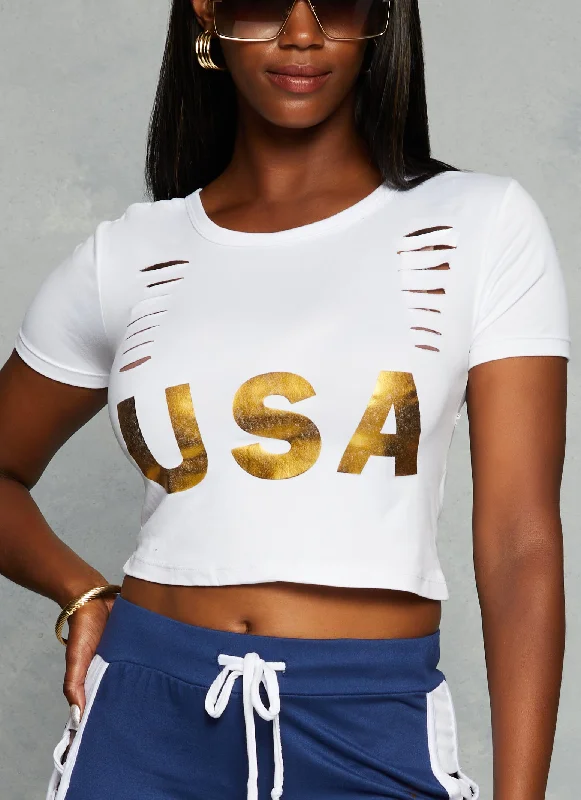 women's tops for gala dinnersSlashed Foil USA Graphic Crop Top