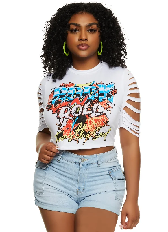 women's tops in solid colorsSlashed Sleeve Rock N Roll Graphic Tee